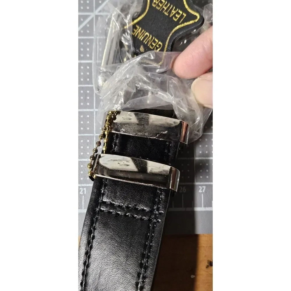 Men's genuine leather silver buckle‎ head black belt size 44 New